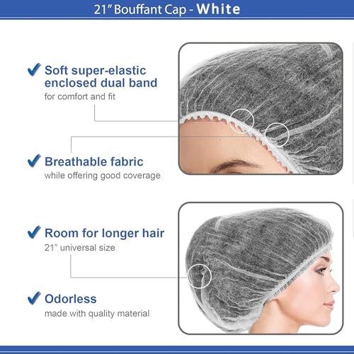 Image of Amazon Brand - QWENOX Disposable Bouffant Caps Hair Net Cap 100 Pcs Elastic Mob Caps for Food Service, Medical Use, Sleeping Head Cover, Factory Warehouse Worker, Beauty (White)