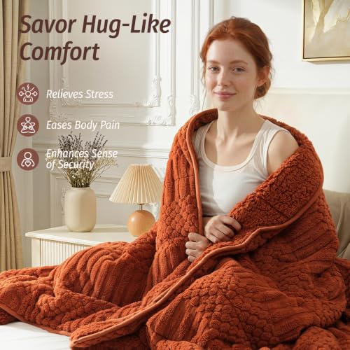 Image of Wemore Knitted Fleece Weighted Blanket for Adults, Orange, 60 x 80 inches 15 lbs