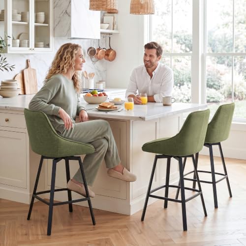 Image of Zesthouse Swivel Bar Stools Set of 2, Modern Counter Height Barstools with Backs, 26'' Upholstered Linen Fabric High Chairs for Island Kitchen, Counter Height Chairs with Metal Legs, Green