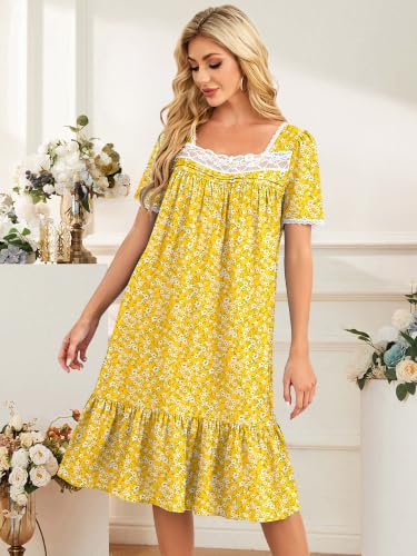 Image of CRIPOM Long Nightgowns for Women Lace Collar Floral Print House Dresses with Pockets S-3XL