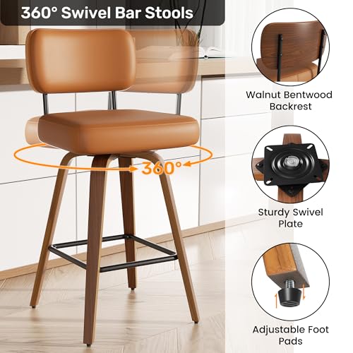 Image of Swivel Bar Stools Set of 1, 26 inch Upholstered Faux Leather Counter Height Barstools with Walnut Back & Bentwood Legs, Mid Century Modern Bar Chairs Island Stools for Kitchen Counter, Brown