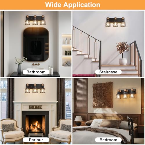 Image of Farmhouse Vanity Light for Bathroom, 3-Light Wood Bathroom Vanity Light Fixtures Over Mirror, Black Rustic Wall Sconce with Cage Metal Lampshade, Vintage Wall Lights for Bedroom, Living Room, Hallway