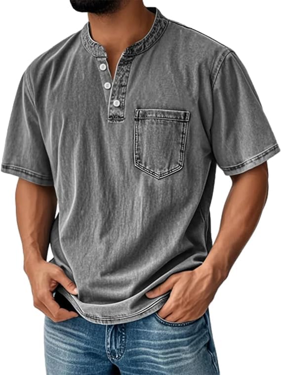 Mokaloha Men's Retro Stand Collar Casual Pocket Solid Color Short Sleeve Henley Shirt Comfortable Versatile Fashion