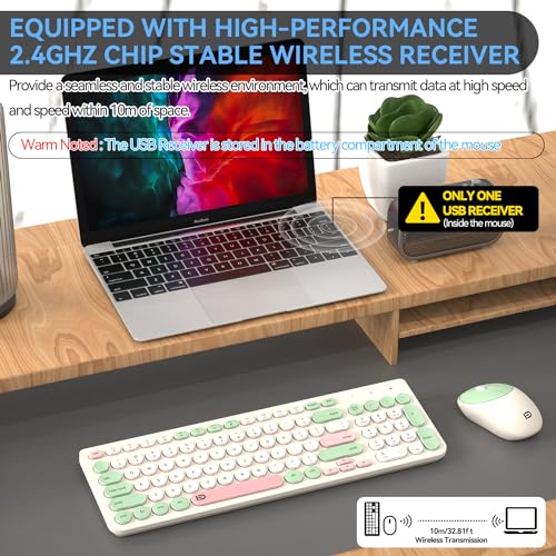 Image of Wireless Keyboard and Mouse Combo, 2.4GHz USB Cordless Round Keys Set for Laptop, Computer, TV (White+Green)