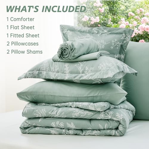 Image of MUXHOMO Oversized King Comforter Set, Sage Green Elegant Floral Print Bed in a Bag 7 Pieces, Soft & Breathable Reversible Botanical Pattern Bedding Set with Comforter, Sheets, Pillowcases & Shams