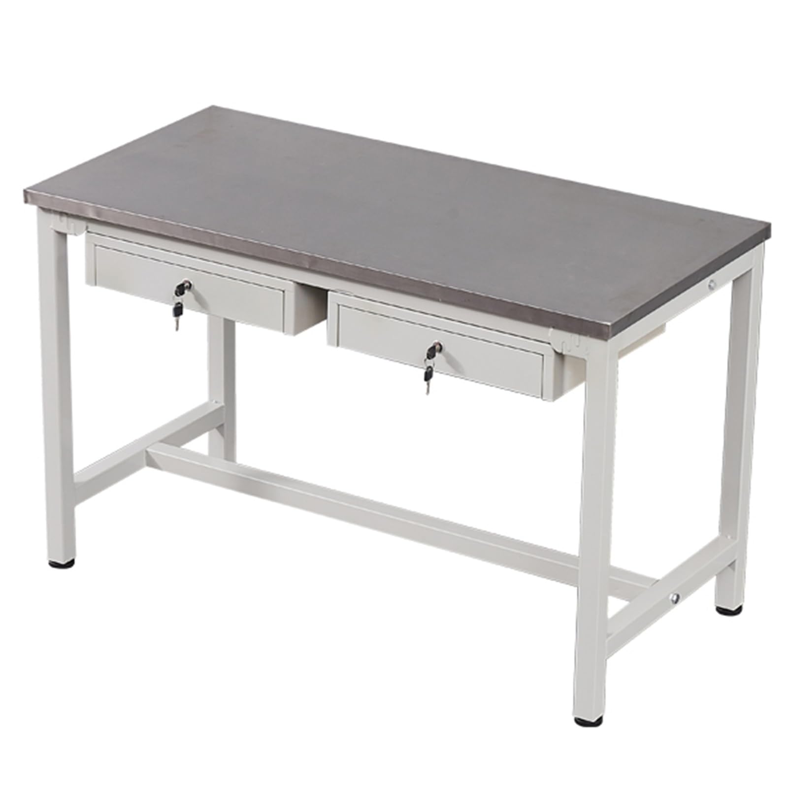 Banco de trabajo de acero inoxidable con 2 cajones y llaves, mesa de laboratorio resistente, montaje a presión, almohadillas de goma, marco reforzado y vigas transversales
