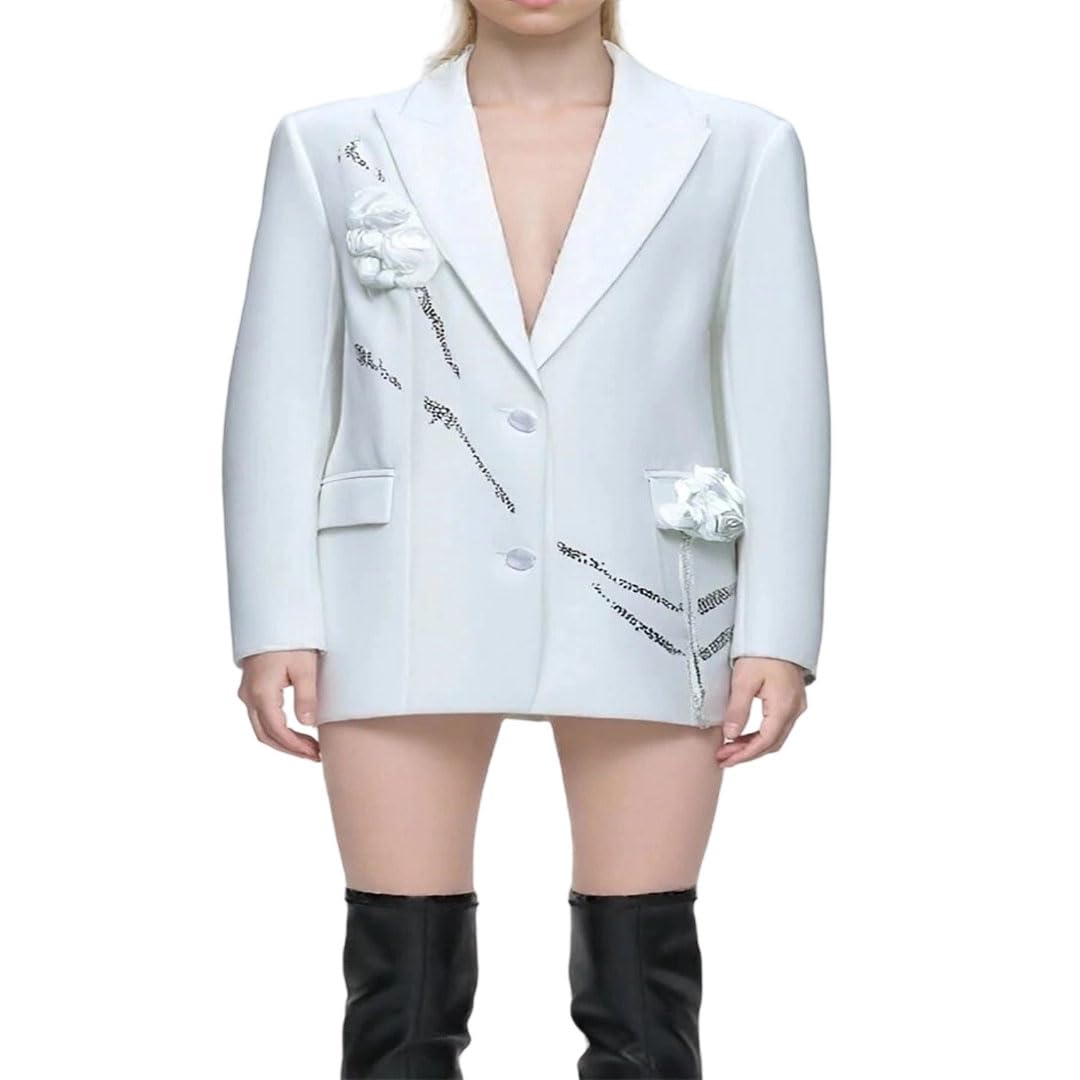 Womens Floral Applique Fitted Blazer Lapel Long Sleeve Sequin Detail Office Jacket