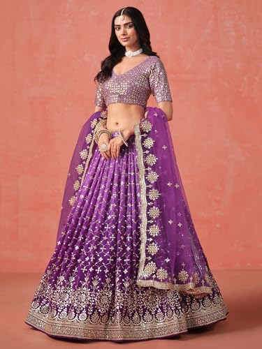Image of Zeel Clothing Women Georgette Semi stitched Sequins Zari Embroidered Lehenga Choli With Dupatta (7086-Latest, Free size)