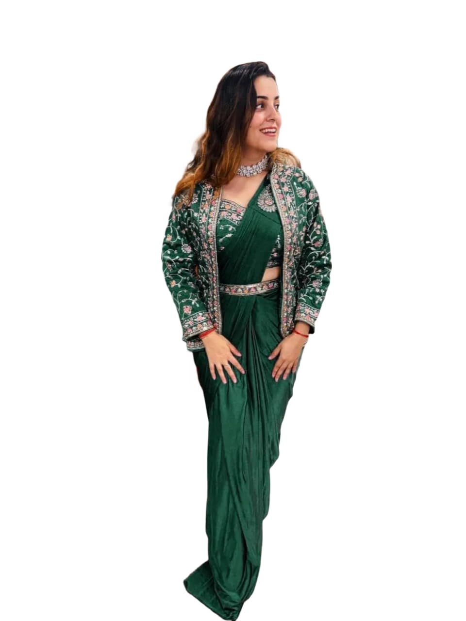 Women Ready to Wear Diamond Satin Silk Saree with Embroidered Jacket and Belt | Designer Saree Set-image-31