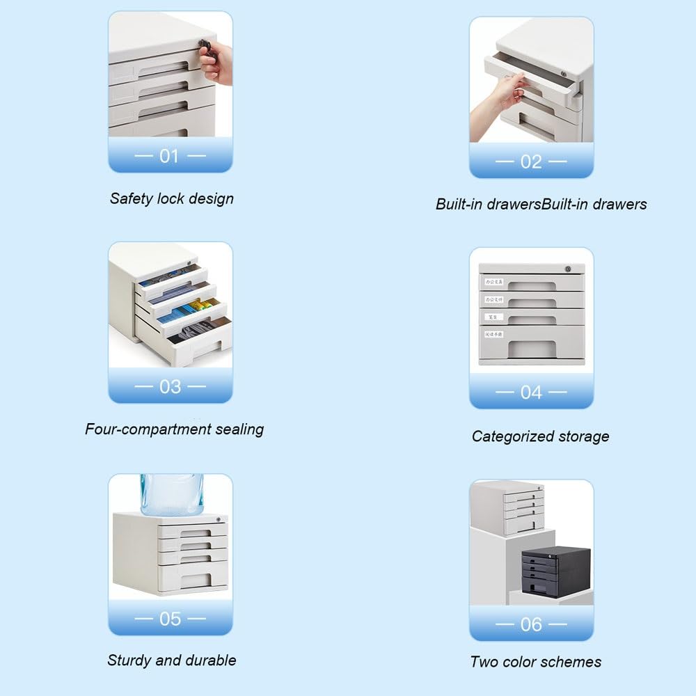 Armadietto portadocumenti con serratura resistente, organizer in metallo a 4 cassetti per documenti A4 e forniture per ufficio, archiviazione sicura per casa, ufficio e uso aziendale