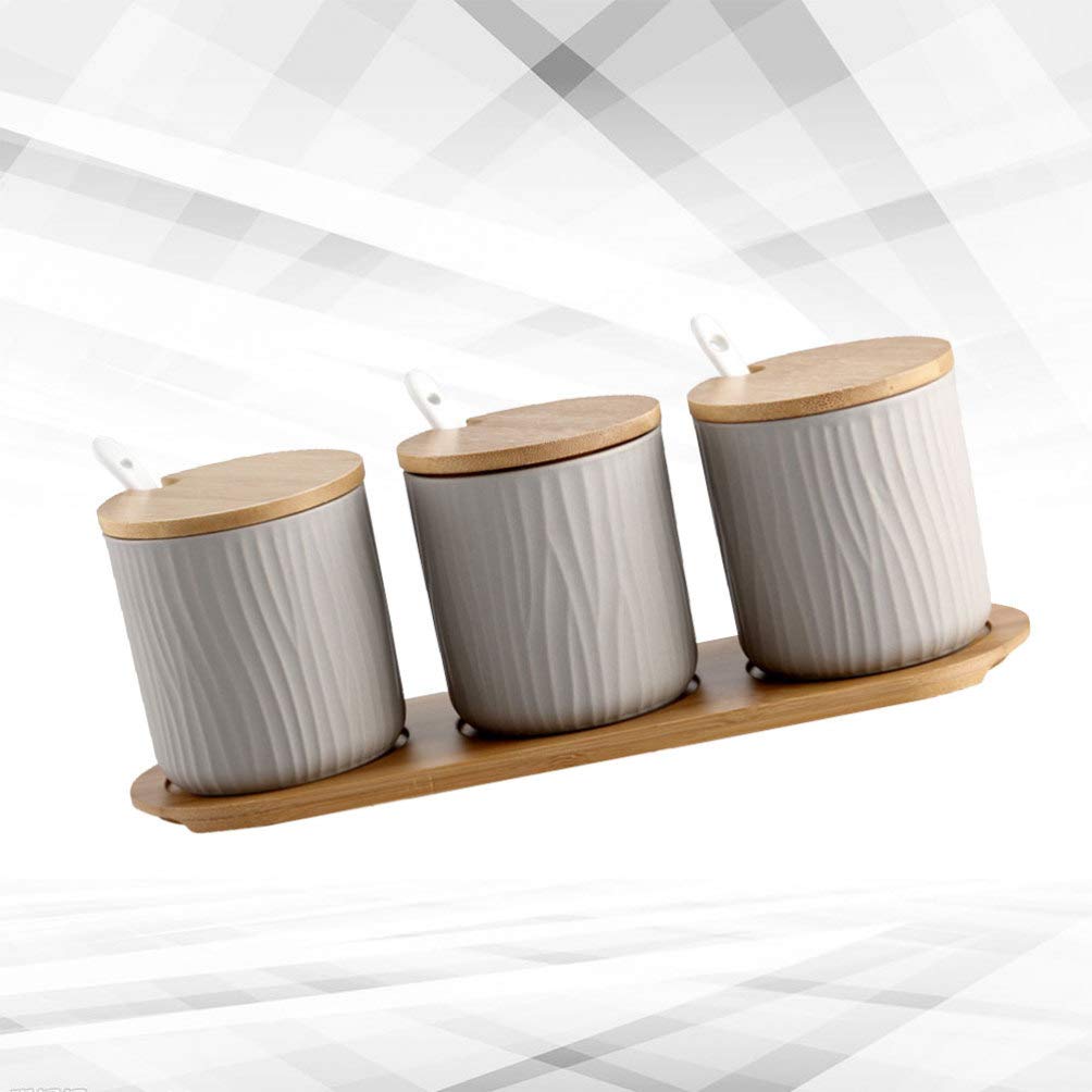 Tarro de especias de cerámica, macetas de especias con tapa, cuchara, bandeja de madera para servir en el hogar, cocina, 9,5 x 28,5 cm, color gris
