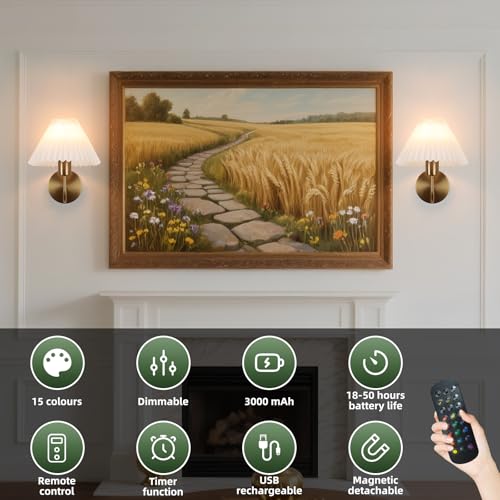 Image of Rechargeable Battery Operated Wall Sconces Set of 2 Brushed Brass Wall Lights with Remote Dimmable Pleated Shades Wall Lamp 15 Colors Wireless Bathroom Vanity Light for Bedroom Living Room Hallway
