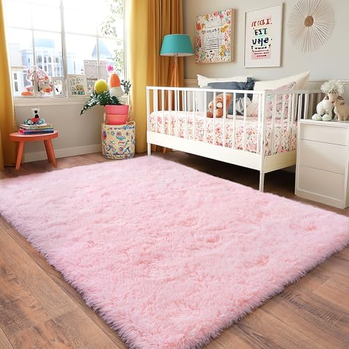 Pink Rug for Living Room, 6x9 Area Rug for Cute Girls Room, Bedside Indoor Floor Fluffy Shag Carpet, Plush Soft Rug for Bedroom Nursery Dorm Home Decor