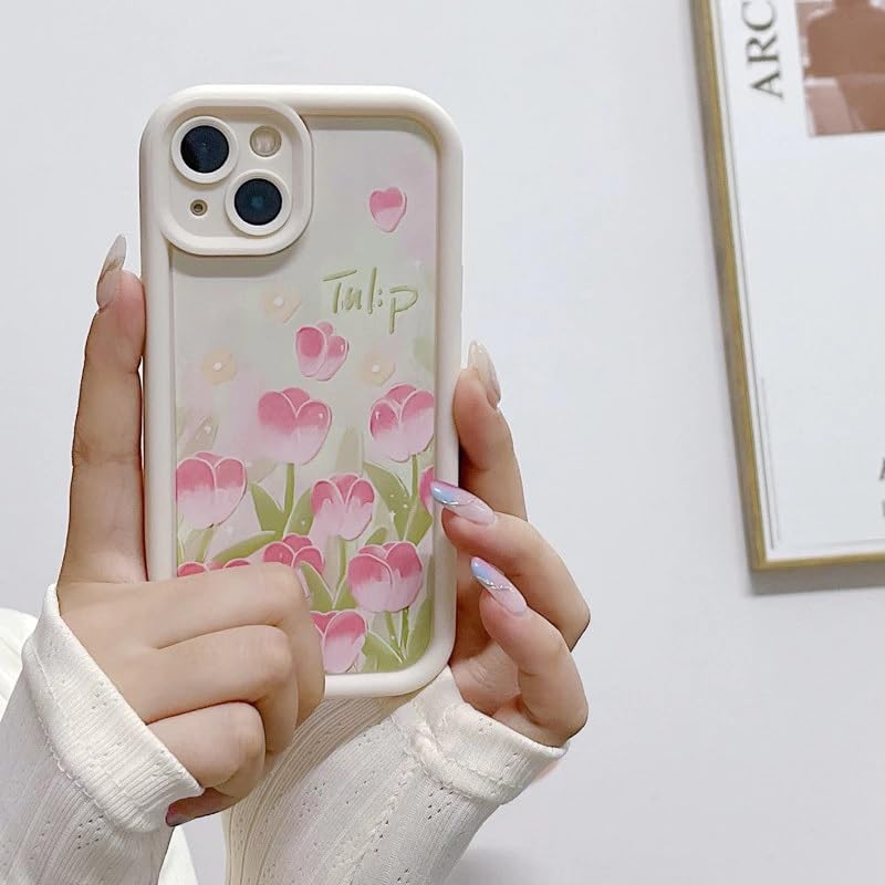 Image of COVERLY Tulip Flower Back Case Cover for iPhone 12 Pro | Hot 3D Floral Pink Cute Design | Camera Lens Protection | Soft TPU Silicone Fashion Aesthetic Print Cover for Girls & Women (Beige, Shockproof)