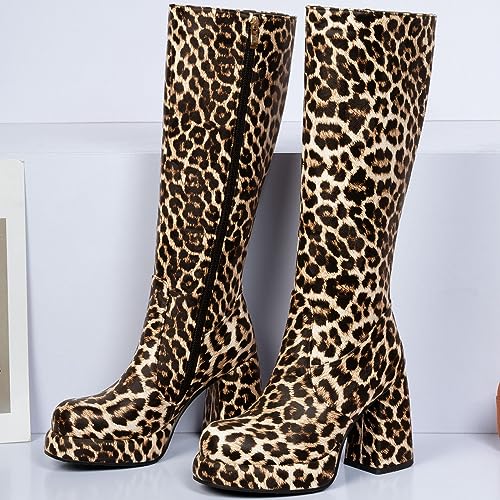 Seborluys Women Animal Print Knee High Gogo Boots Platform Chunky Heel Long Boots With Zipper4