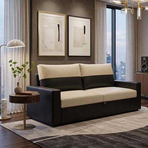 Image of SOCOZI Enrique 2 Seater Sofa Cum Bed | Premium Leatherette Upholstery | Modern Convertible Design | Comfortable Seating & Sleeping Solution for Living Room (Black-Cream)