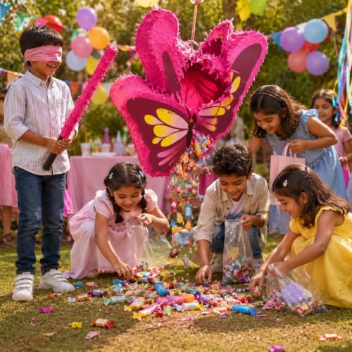 Image of Wanna Party Mini Butterfly Shaped Pinata Khoi Bag with Stick for Kids Birthday Party, Fillable for Butterfly Theme Birthday Party Decoration, Pinata for Fairy & Princess Theme Party Decoration