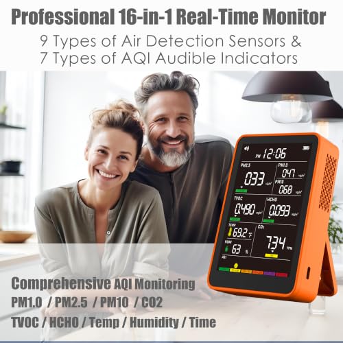 Image of 16-in-1 Indoor Air Quality Monitor, High-Precision Multi-Parameter Smart Air Quality Tester with HD Real-Time Color Screen, Portable Air Quality Monitor for Home, Office, Cars (Vibrant Orange)