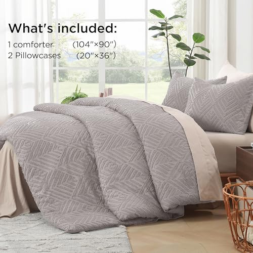 Image of Litanika King Size Comforter Set Milk Grey, 3 Pieces Cream Tufted Boho Farmhouse Bedding Comforter Sets, Lightweight Fluffy Comforter Bed Set for All Season (104x90In Comforter and 2 Pillowcases)