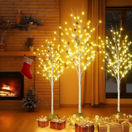 AWQM Lighted Birch Tree for Christmas Decor, Pack of 3 Prelit Christmas Tree 4ft 5ft 6ft, Warm White Christmas Tree for Indoor Christmas Decorations. (White) - Image 4