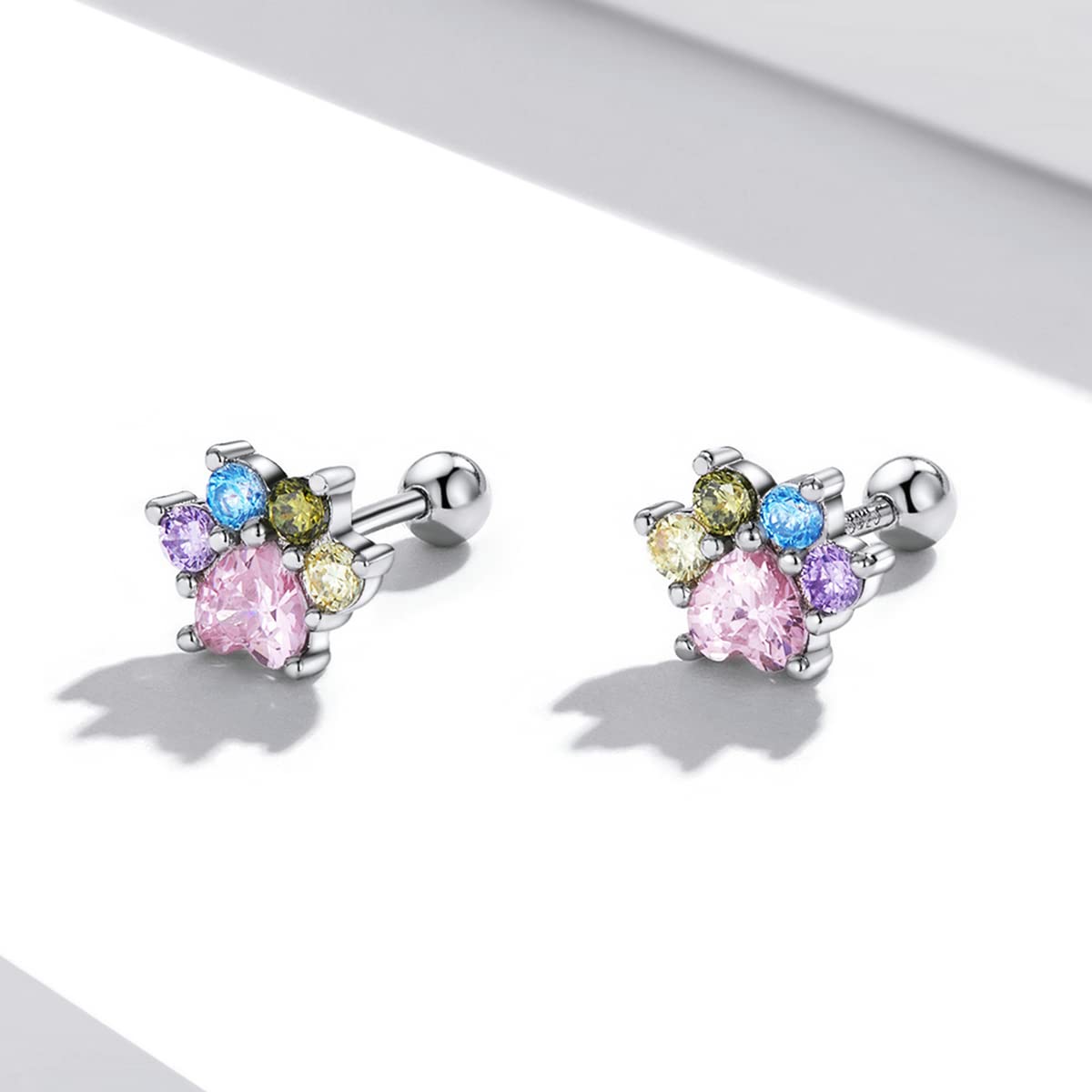 YCTTKDD Bunte Zirkonium-Pfoten-Ohrstecker, 925er-Sterlingsilber, CZ-Edelsteine, Ohrstecker für Damen, Verschluss-Stopper-Perlenschmuck