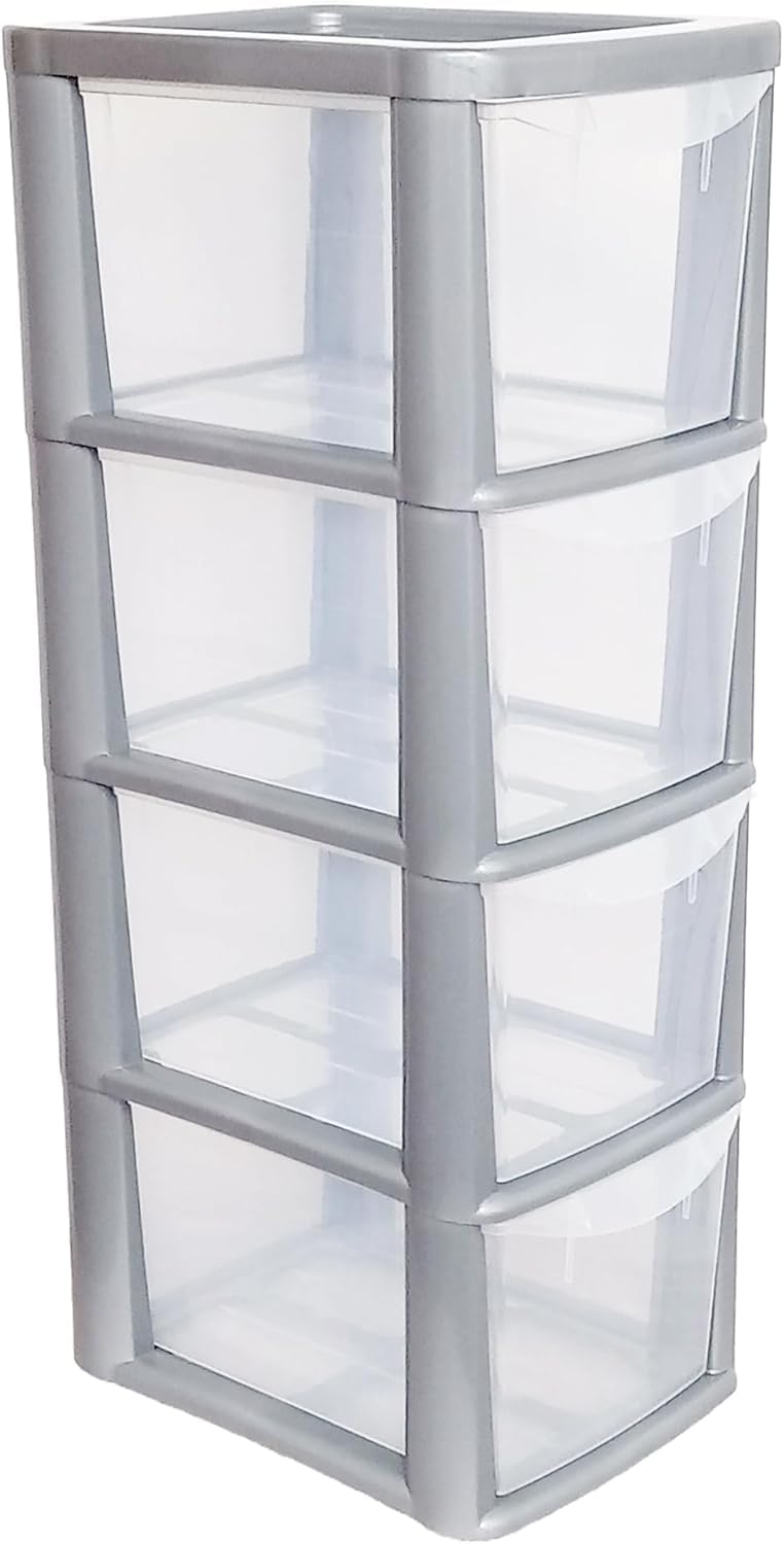 ALEEZ - 4 Drawer Plastic Storage Unit - Space Saving Multipurpose Medium Drawers - Clear Design Home Office Storage Durable Draws - Tabletop, Desktop Drawers - 62cm (H) x 19cm (W) x 25cm