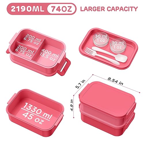 Image of DaCool Adults Bento Box Lunch Box - Stackable All-in-One Leakproof Bento Lunch Box for Adults Women Girls 74 OZ Large Lunch Containers with Fork Spoon Sauce Boxes for Work School Dining Out, Pink