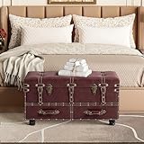 LONYKE Vintage Treasure Chest Bench with Latch Closure and Buckle Trunk, Farmhouse Faux Leather Storage Ottoman Bench for Living Room, Entryway, Bedroom, Sponge Padded，Burgundy Red