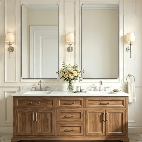 Image of ANDY STAR 24''x48'' Chrome Bathroom Mirrors, Rounded Rectangle Bathroom Wall Mirror in 1'' Rustproof Tube Metal Frame, Decorative Mirror Hang Horizontal /Vertical for Bathroom Remodel,HD Glass
