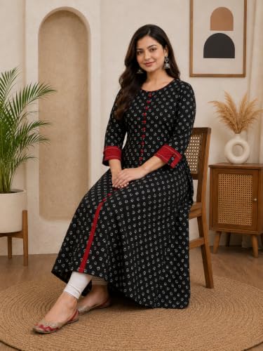 Image of Yash Gallery Women's Cotton Relaxed Fit Anarkali Plus Size Printed Kurta