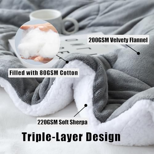 CHOSHOME Sherpa Fleece Blanket- Thick Warm Blanket for Winter, Soft Fuzzy Plush Blanket for Bed, Couch, Travel (Grey, Queen 90" x 90")