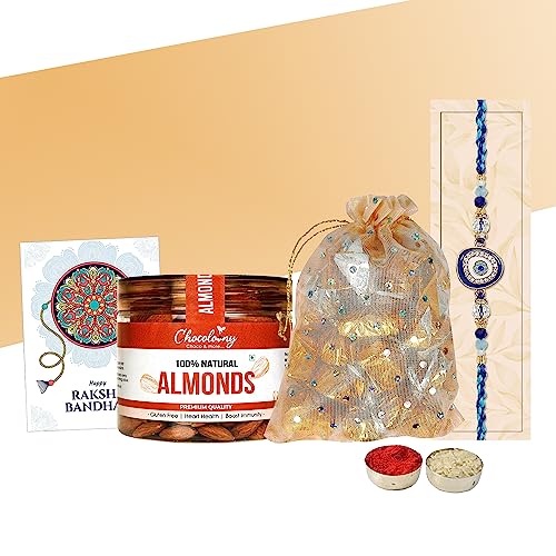 Image of Chocoloony Rakhi Chocolate Gift 20pcs Milk Chocolate Potli, Almond 200gram Dry Fruit Gift & Designer Rakhi Rakshabandhan Chocolates Gift Hamper for Brother Bhai