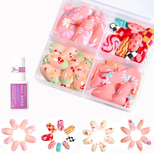 Mrltau 96 Pcs Uñas para Niños, Dulces Uñas Artificiales para Pegar, Diseños de Flores, Cerezos, Puntos y Líneas, Uñas Artificiales Regalo para Niñas, Press On Nails Niños