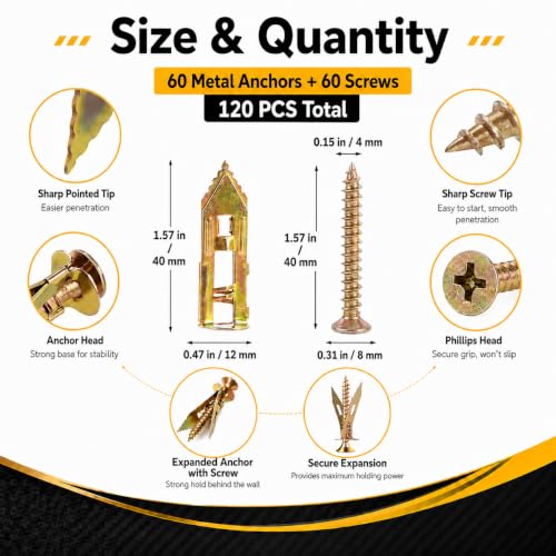 Image of Jyphorixal 120 PCS Self Drilling Drywall Anchors with Screws Kit, Heavy Duty Metal Wall Anchors for Drywall, Sheetrock Anchors 0.47x1.57inch with Screws, No Drill Dry Wall Anchors and Screws Kit