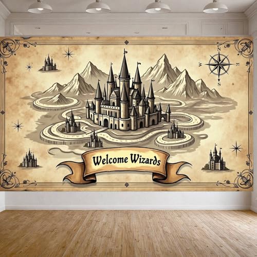 Welcome Wizards Banner Magic School Castle Backdrop Background Wizard Party Decorations Vintage Map Parchment Style Photography Decor Magic School Theme Birthday for Boys Girls