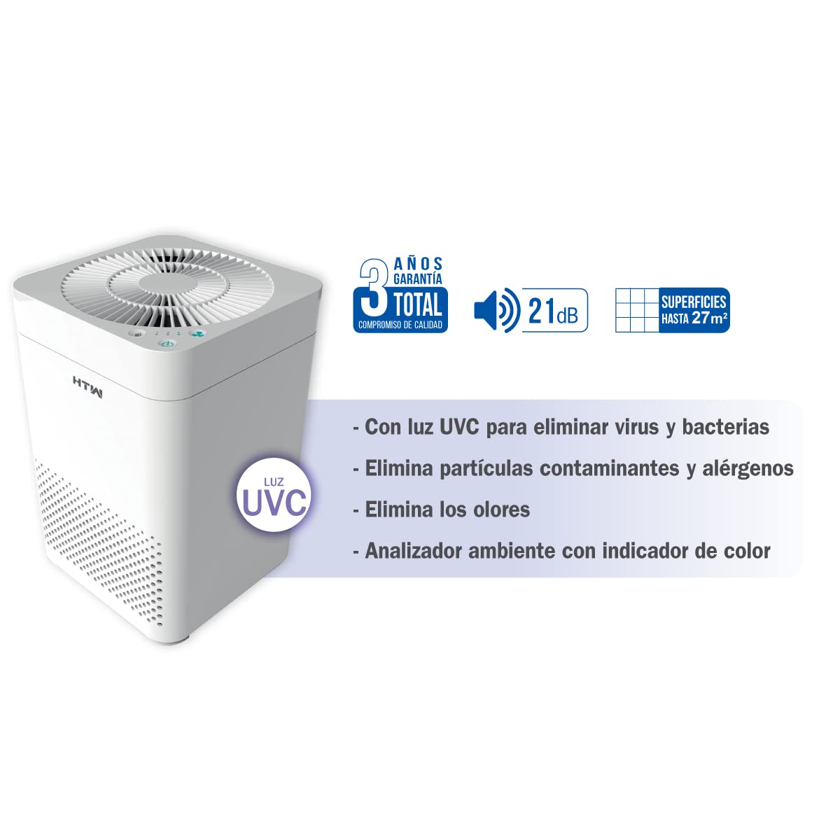 HTW HTWPUR14DUSTCUBE - Purificador luz UV y Sensor 120 m3/h, Hasta 15 m2. Blanco