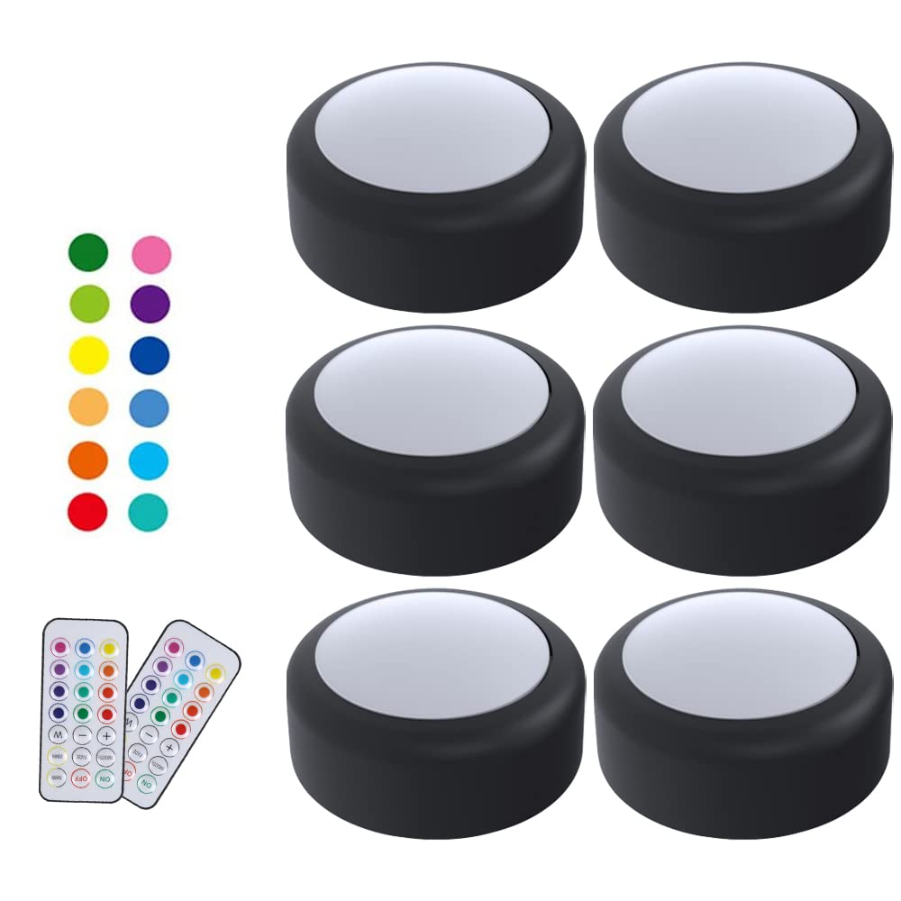 Sponsored Ad – Wireless Under Cabinet Lights with Remote, 12 Colors LED Under Cupboard Lighting, Round Stick-on Display Shelf Cupboard, RGB Puck Lights, 6 Pack - Black