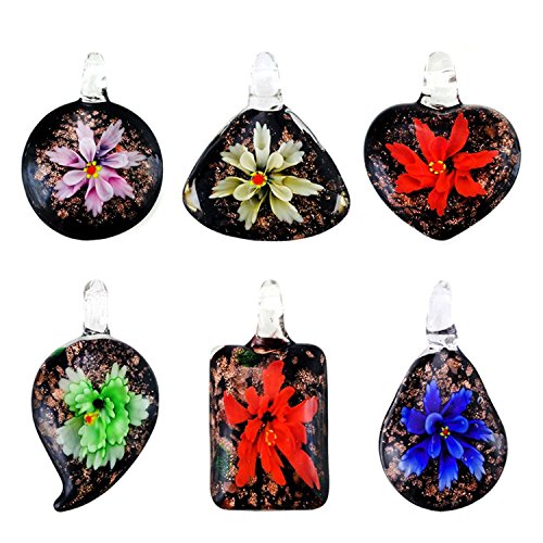 JEWELRIESHOP Assorted Color Handmade Italian Murano Glass Floral Pendant with 18 inches Genuine Leather Chain