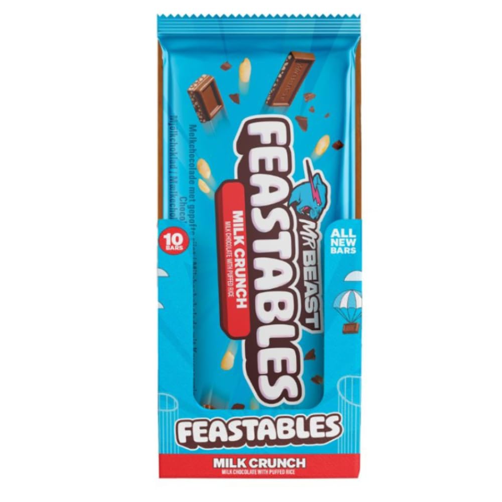 Feastables MrBeast Milk Crunch Chocolate Bars with puffed Rice – Pack of 10 (60g Each) – Smooth Milk Chocolate, Perfect for Gifting or Birthday Celebrations