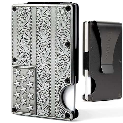 Image of American Flag Wallet Flourish Engraved Silver Metal Cardholder /WITH REMOVABLE Money Clip for Men with RFID Blocking - Slim, Stylish, and Secure Credit Card Holder