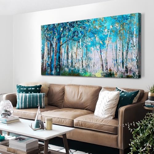 Ardemy Blue Wall Art Tree Canvas Art Forest Landscape Large Wall Decor Living Room Picture Modern Nature Teal Abstract Textured Painting Artwork for Home Office Bedroom, 48"x24" 48"L x 24"W 
