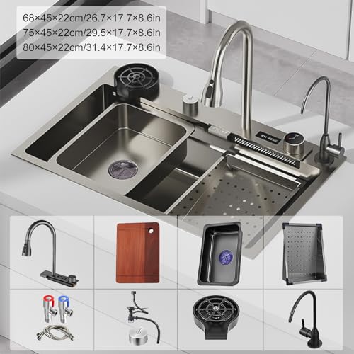 Évier simple en acier inoxydable multifonction de 80cm avec robinet cascade et température