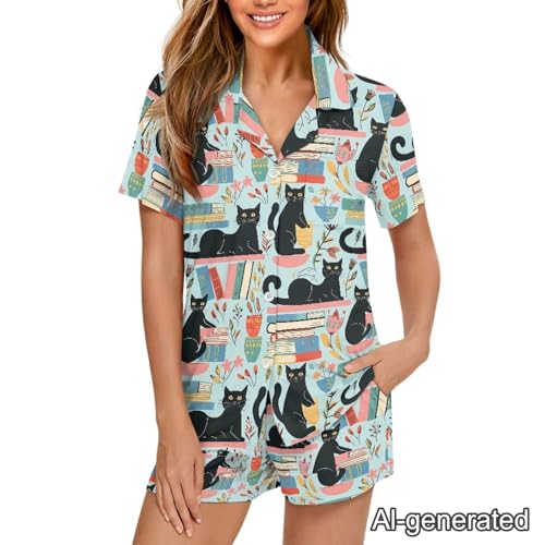 Image of Renewold Women's Short Sleeve Pajama Set Button Down Sleepwear with Notch Collar Soft Lounge Top and Shorts with Pockets