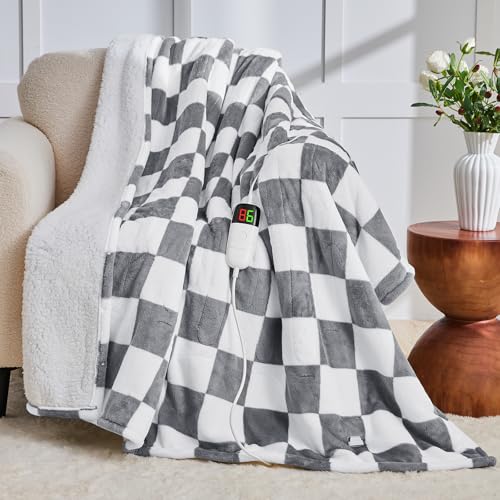 Heated Electric Blanketc Throw, 50X60 Heating Blanket with 10 Heat Level & 8 Hour Auto Off for Lap, Light Gray Checkered Plaid Sherpa Blankets Warmer Gift for Couch Grandma Women Adults Washable, ETL