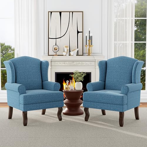 DREAMSIDEA Mid-Century Modern Wingback Accent Chair, Sky Blue, Set of 2