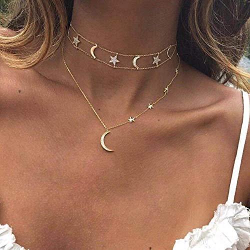 Jovono Boho MultiLayered Choker Necklaces Moon Star Pendant Chain For Women and Girls(Gold)