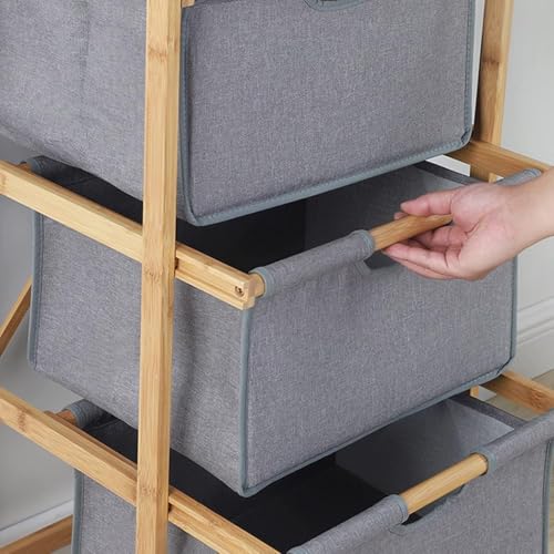 Image of Lukzer 3 Layer Vertical Bamboo Storage Shelf with Removable Fabric Drawers, Multipurpose Tall Organizer for Bathroom, Bedroom, Laundry, Living Room & Office, Space-Saving Wooden Rack, Grey (CH-011)