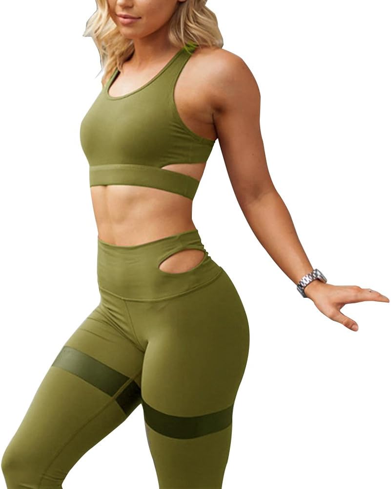 ROSUN Women's 2 Piece Workout Sets High Waisted Yoga Leggings Suits with Sports Bra Stretch Clothing Gym Sets