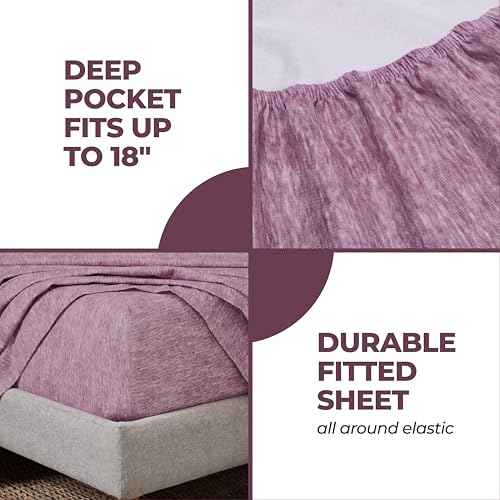 Image of Superior Melange Flannel Cotton Sheet Set, Ultra-Soft Brushed Sheets, Modern, Farmhouse Bedding, Basics, Includes; Flat Sheet, Elastic Deep Pocket Fitted Sheet, Pillowcase, Twin XL, Fig Plum