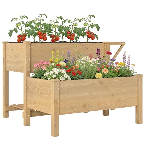 Outsunny Potager sur Pieds à 2 Niveaux, Jardinières surélevées avec étagères en Bois avec...